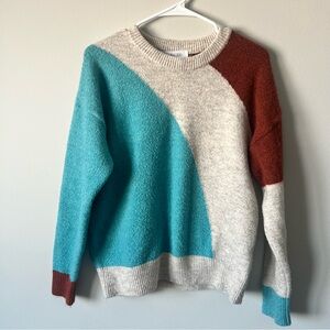 Women’s Colorblock Sweater, Gray, Rust, Teal, Size medium.